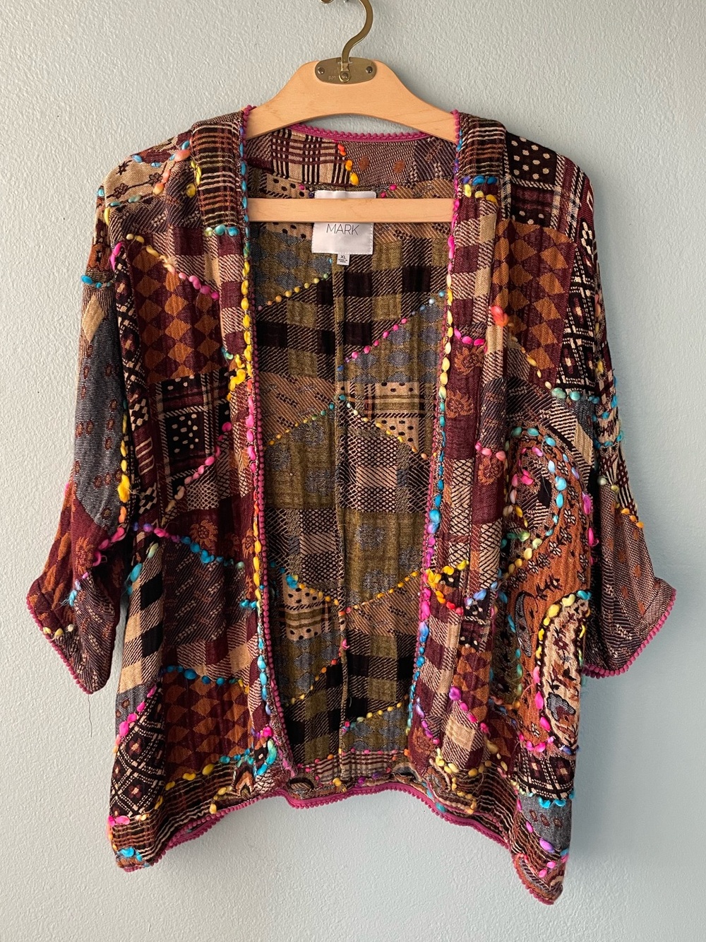 John Mark | Brown Patchwork Open Kimono Cardigan Colorful Embroidered Yarn - Picture 2 of 9